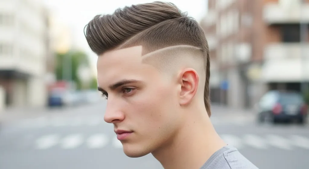 Classic mohawk haircut paired with a neat low taper