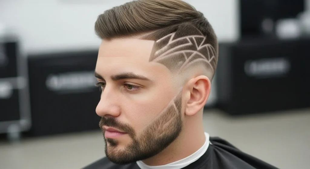 Modern low taper haircut with artistic side designs