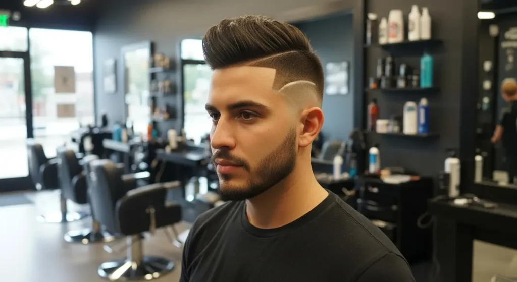 Faux hawk hairstyle featuring a neat low taper fade on the sides