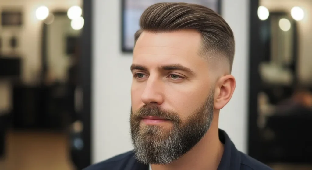 Men’s low taper hairstyle with beard blend for a polished look