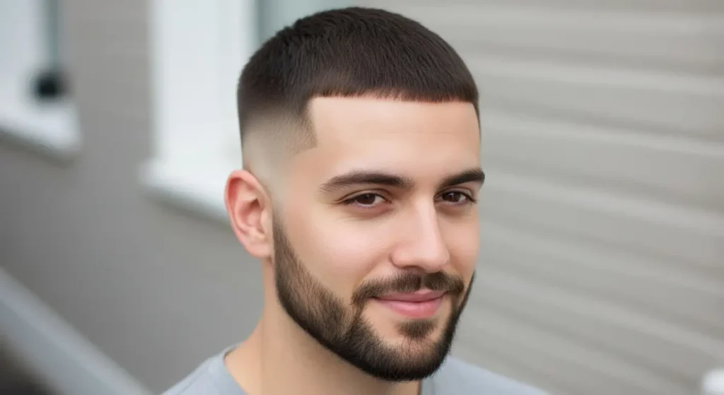 Modern low taper buzz cut featuring sharp edges and clean finish