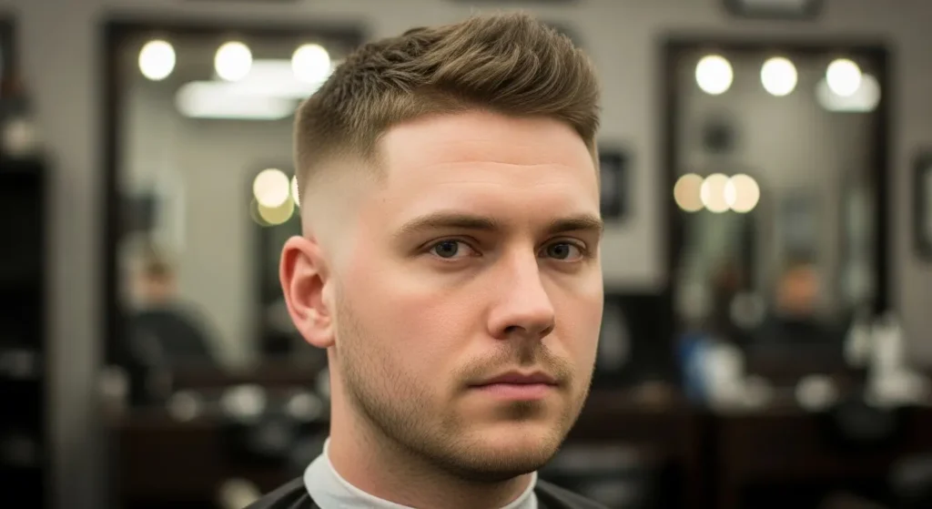 Low taper fade paired with a traditional crew cut on top
