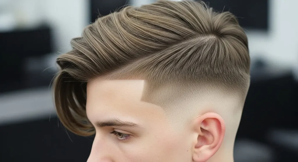 Classic low taper haircut styled with side swept layers