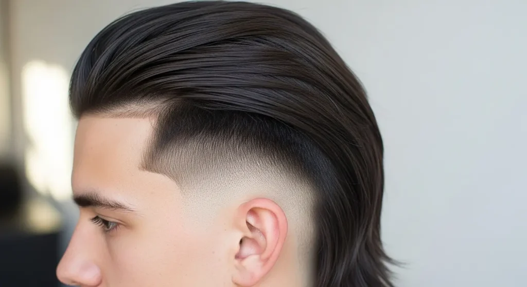 Men’s low taper hairstyle styled as a modern mullet