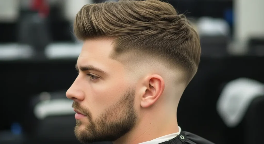 Textured crop fade haircut with short layered top and clean faded sides