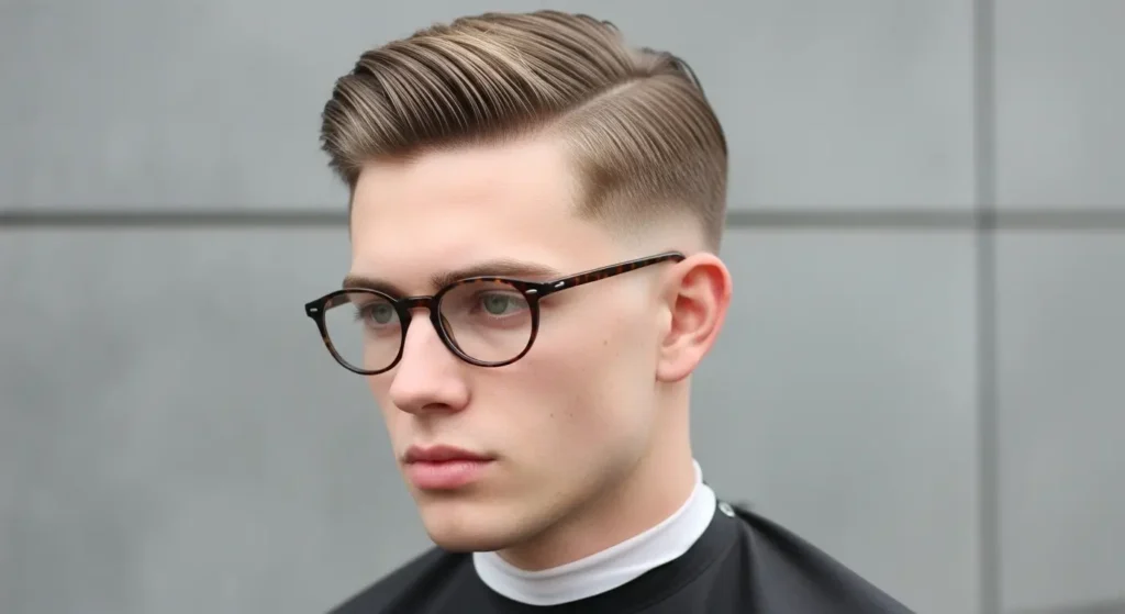 Low taper Ivy League haircut with neatly combed top and faded sides