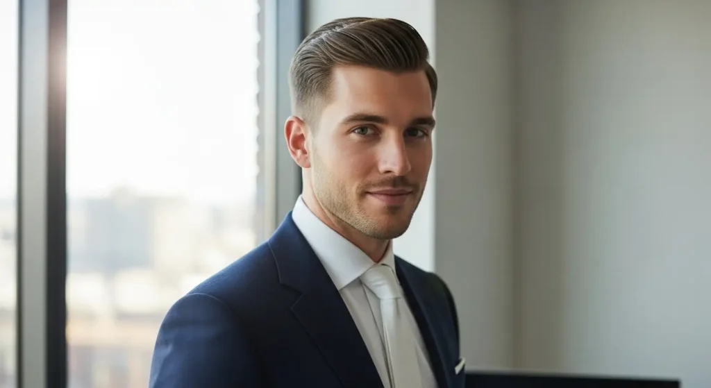 Neat low taper side part hairstyle for polished, formal look