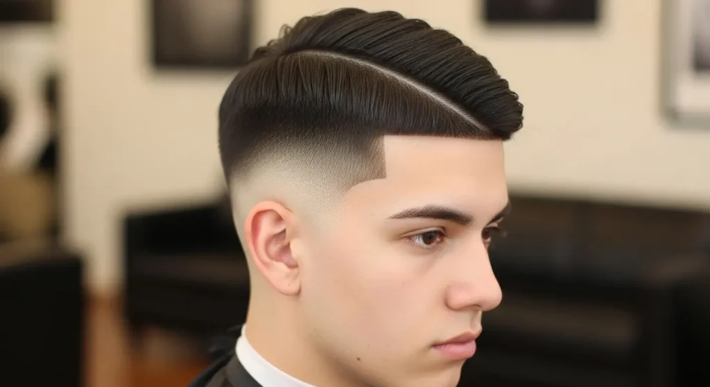 Men’s low taper middle part haircut with neat tapered edges