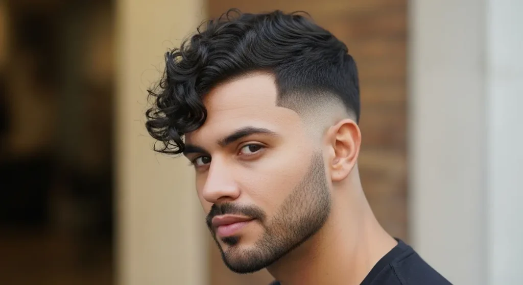 Curly top hairstyle paired with a clean low taper
