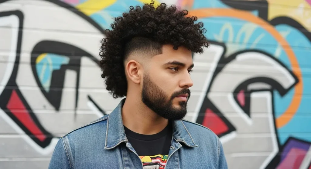 Afro mullet with clean taper and curly layered back