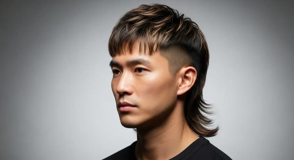 Asian mullet haircut with clean sides and volume