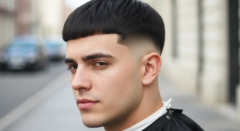 Bold Blunt Fringe Low Taper Hairstyle Look