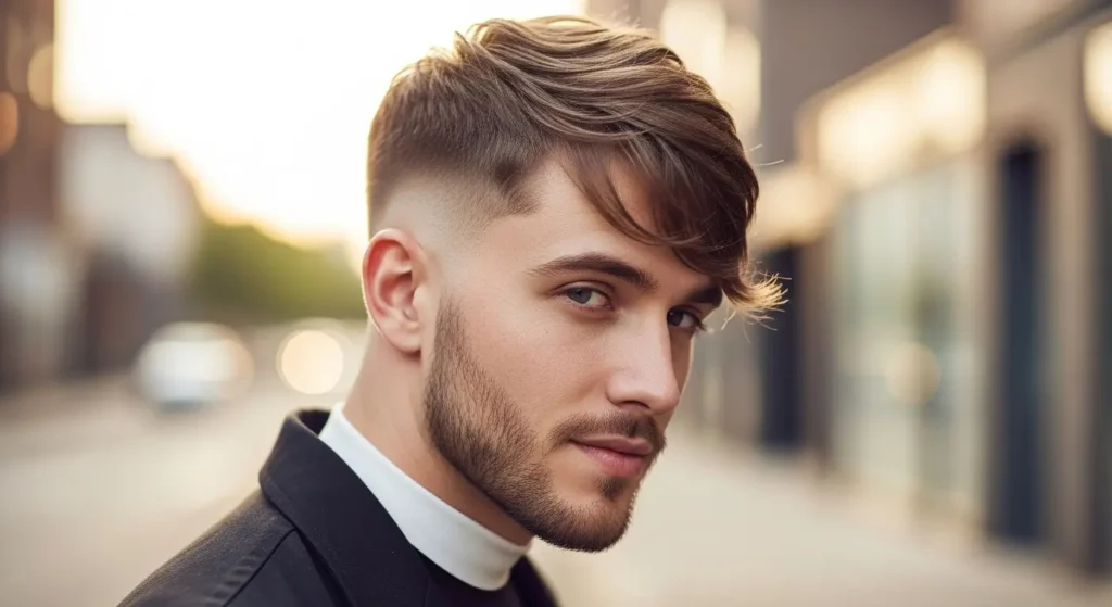 Stylish brush-forward textured fringe and low taper haircut