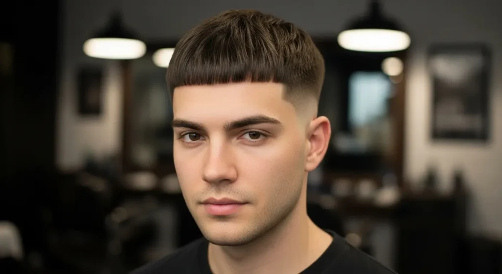 Clean low taper fade featuring straight fringe