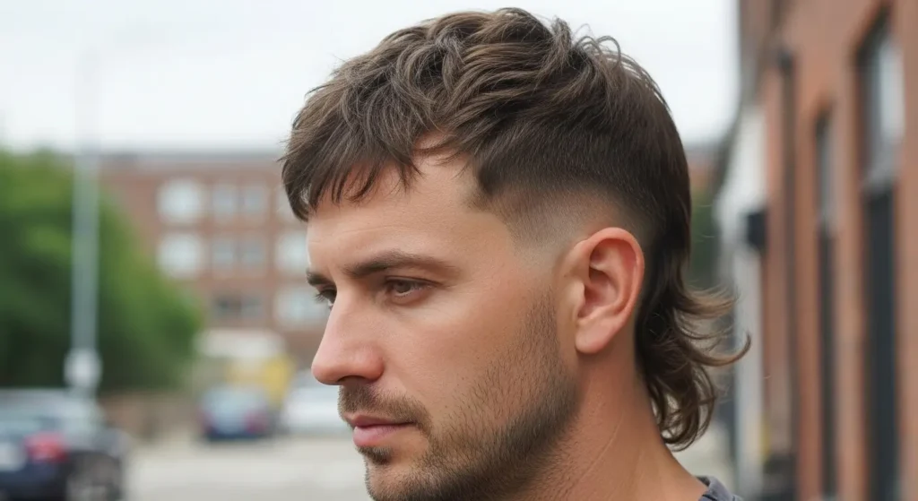 Faded mullet style featuring short sides and layered back