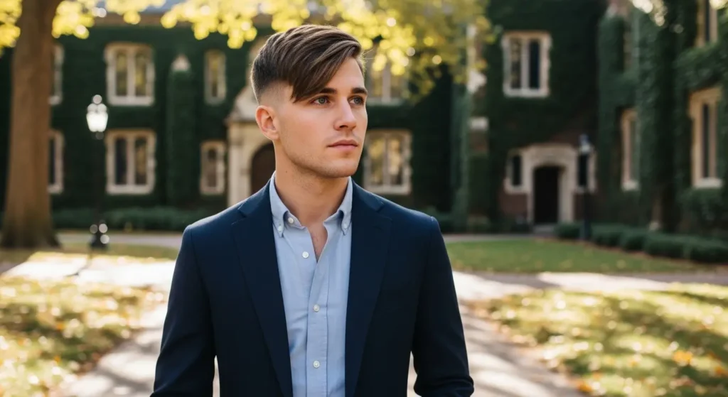 Stylish Ivy League fringe and low taper haircut