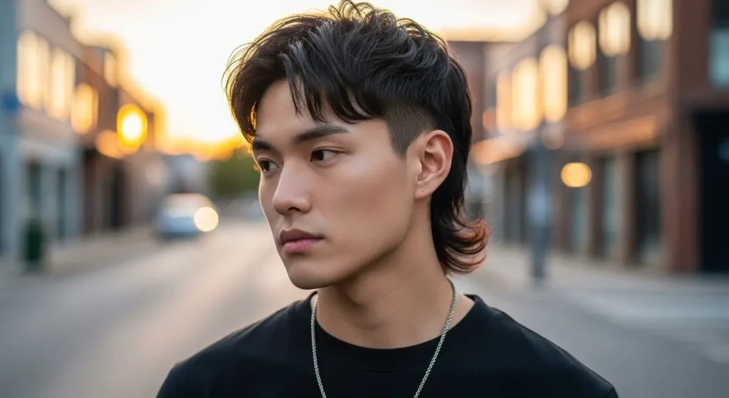 Korean mullet haircut with clean edges and layered back