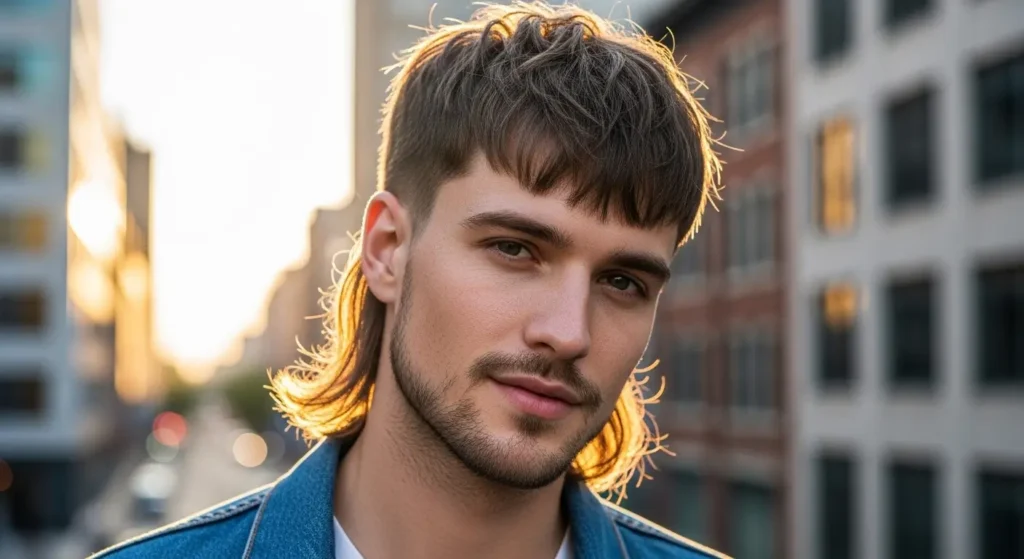 Layered mullet with sharp bangs and clean sides