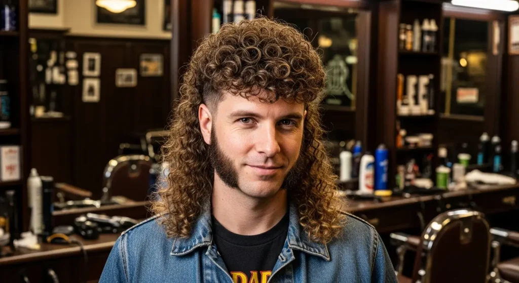 Permed mullet hairstyle with curly textured top