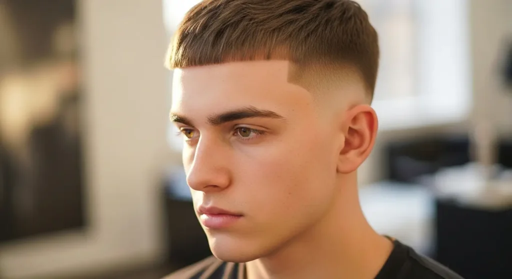 Sharp Short Micro Fringe Low Taper Hairstyle Look