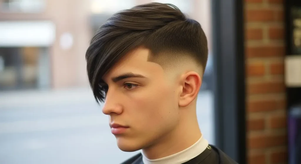 Side-swept fringe with clean low taper fade