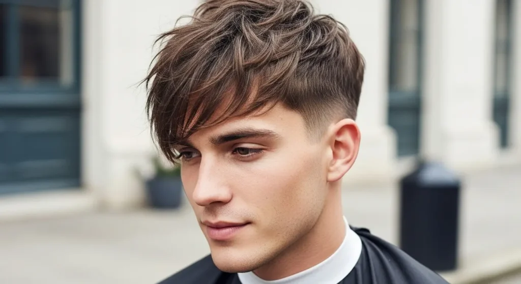 Low taper haircut with messy tousled fringe style