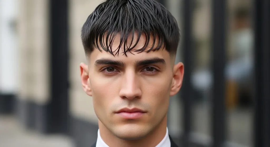 Modern low taper fade featuring wet look fringe