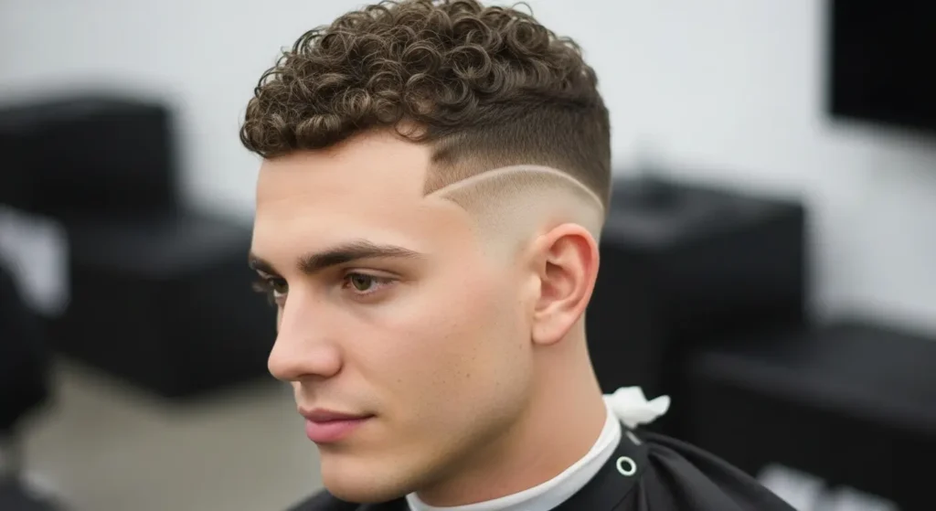 Low taper fade enhancing curly buzz cut