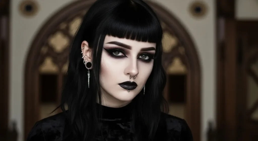 Bold dramatic bangs in gothic fashion look