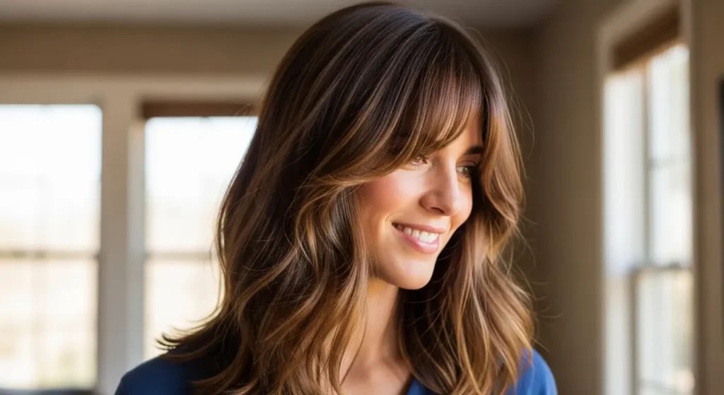 Soft wispy bangs on shoulder-length hairstyle
