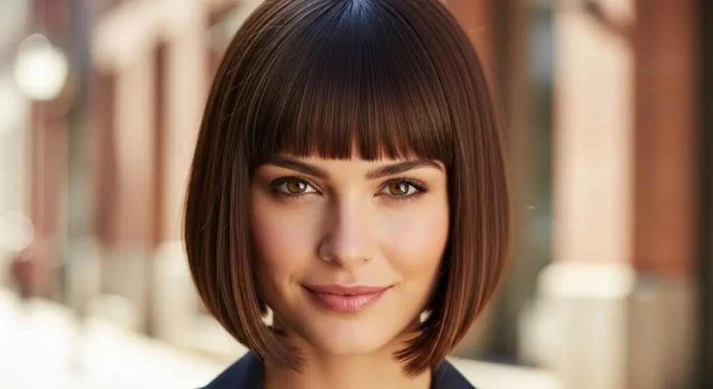 Sleek short bob haircut with clean blunt bangs