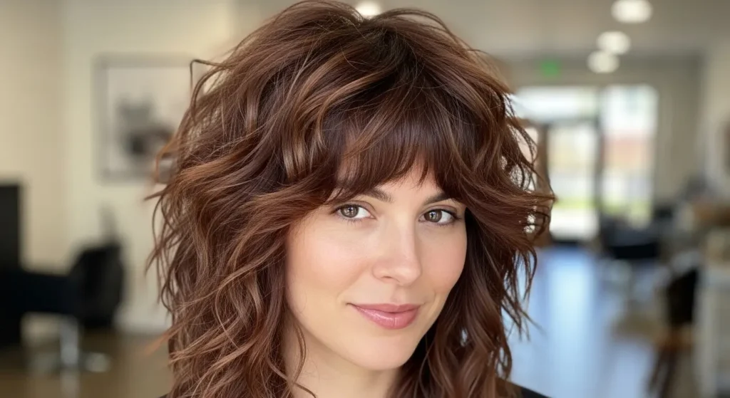 Tousled shag haircut with natural curly bangs