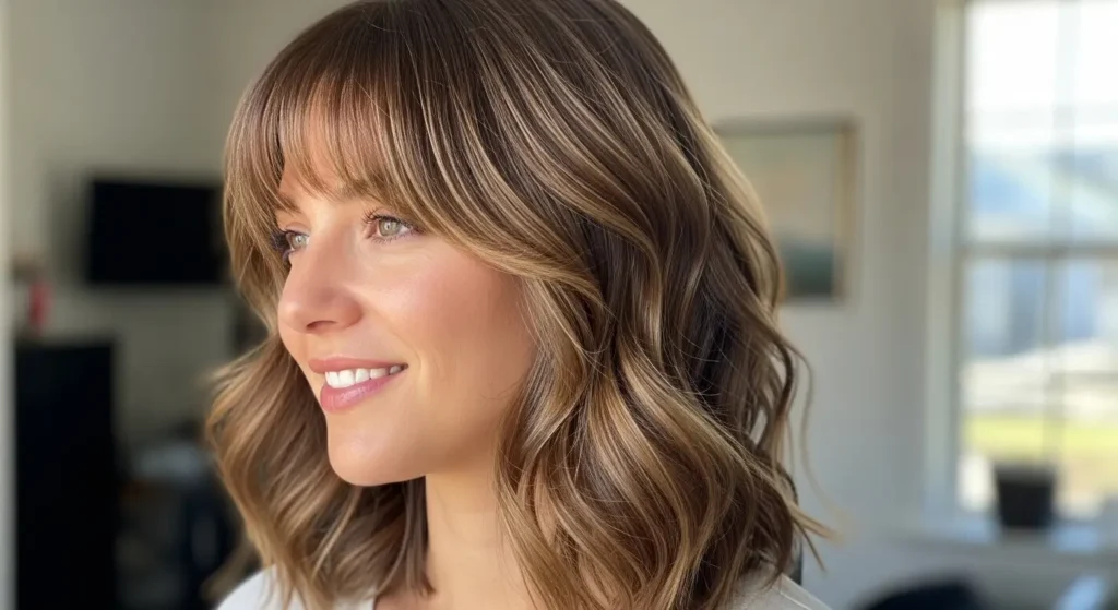 Beachy wavy curtain fringe hairstyle