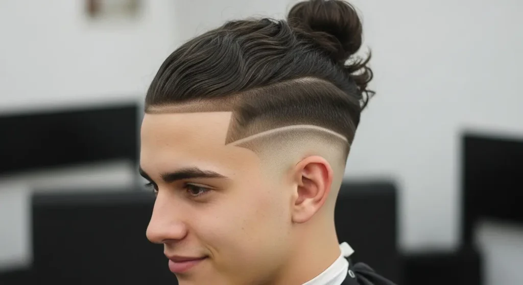 Wavy Man Bun Hairstyle with Low Taper Fade