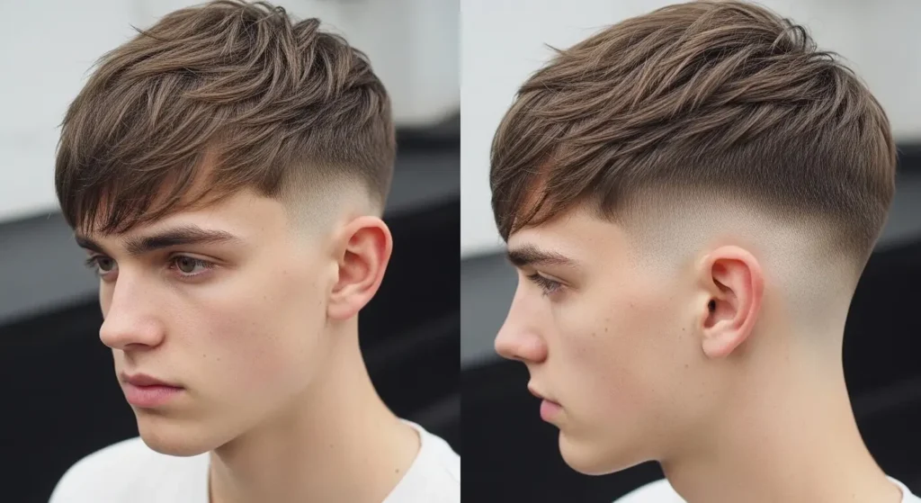 Low skin fade messy fringe haircut