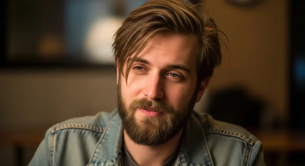 Messy comb over hairstyle with beard